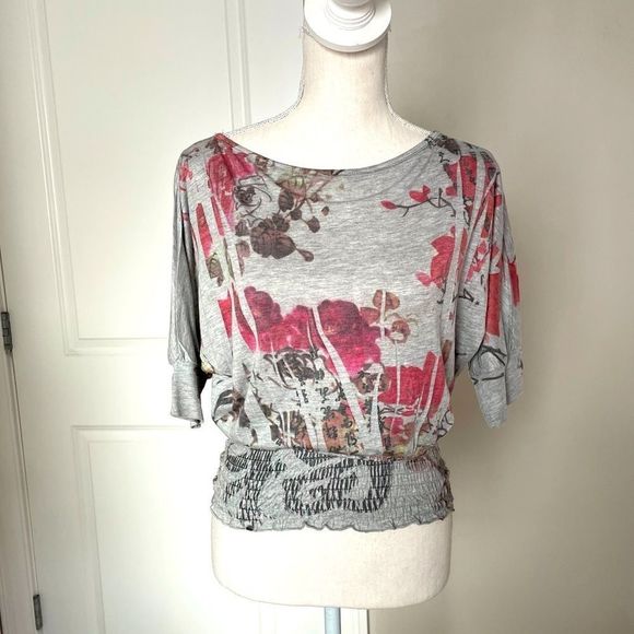 Free People Tops - Free People Banded Bottom Blouson Grey and Pink Floral Top